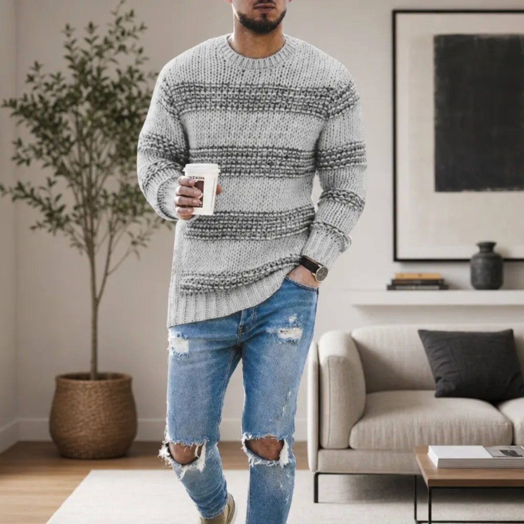Pull homme gris à col rond rayé