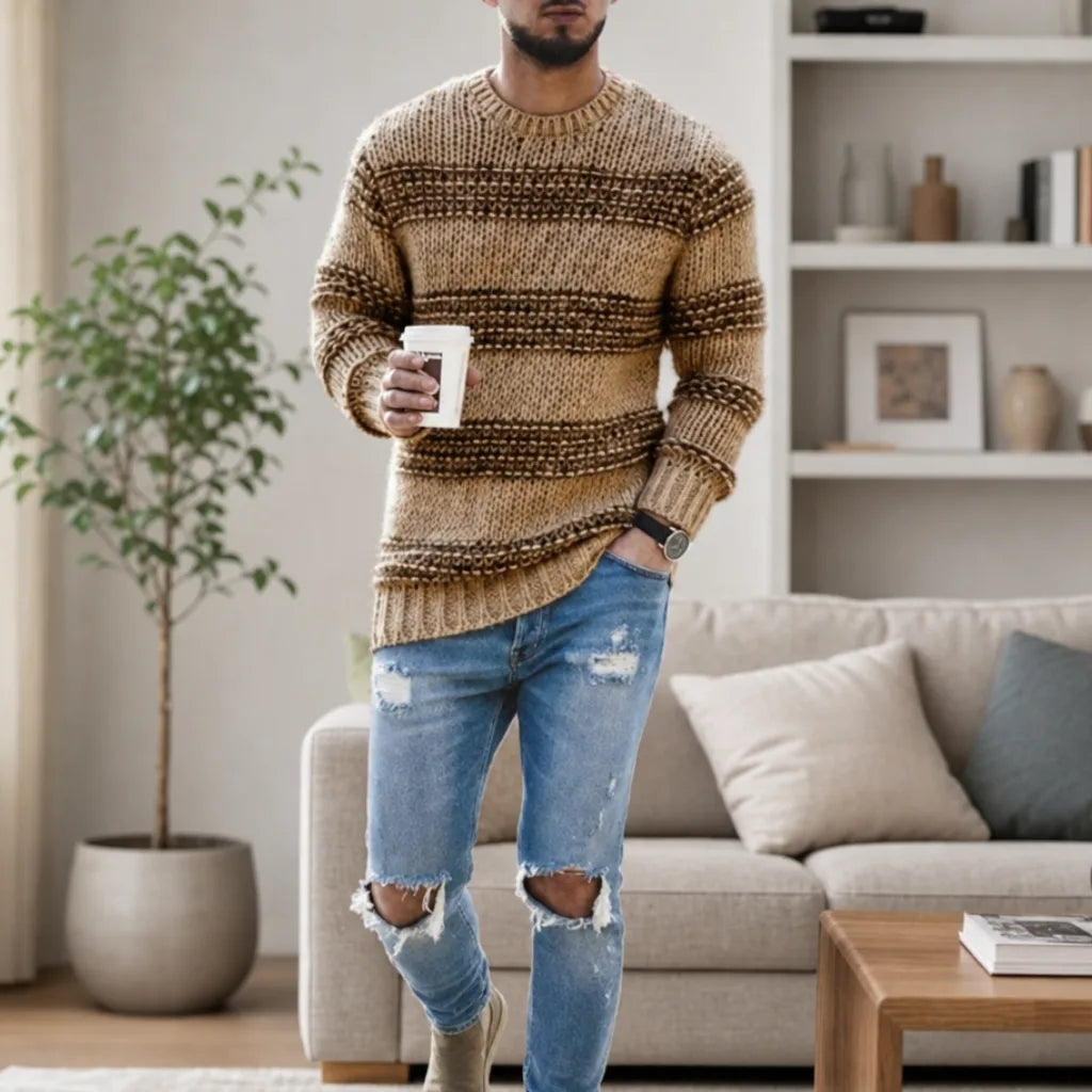 Pull homme camel à col rond rayé