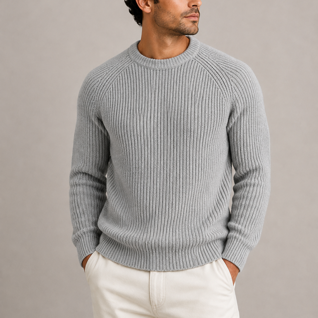 Pull homme gris maille côtelée col rond