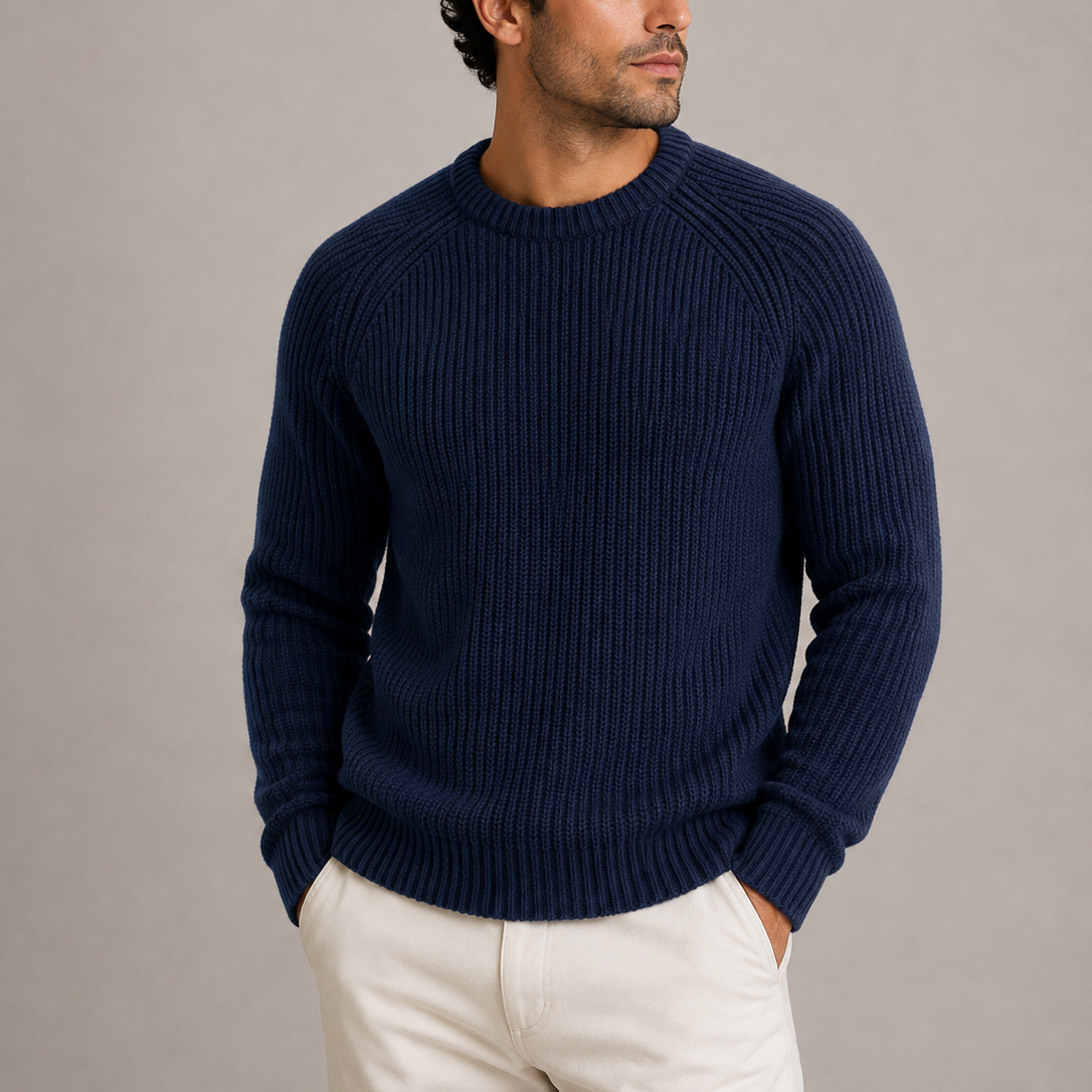Pull homme bleu marine maille côtelée col rond