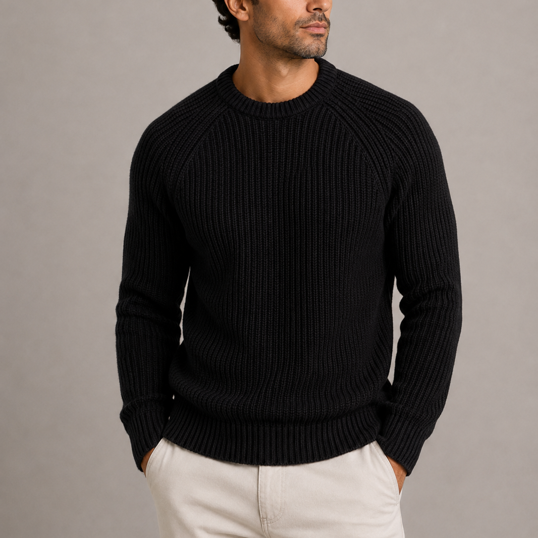 Pull homme noir maille côtelée col rond