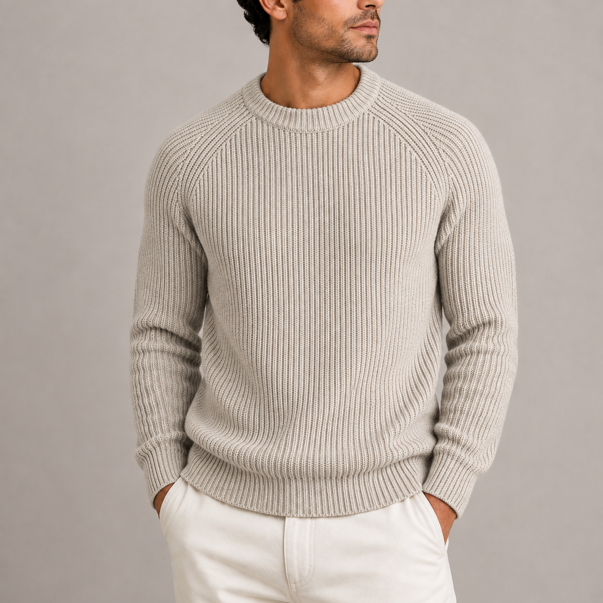 Pull homme beige maille côtelée col rond