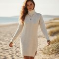 Robe pull femme blanc cassé col roulé torsadée