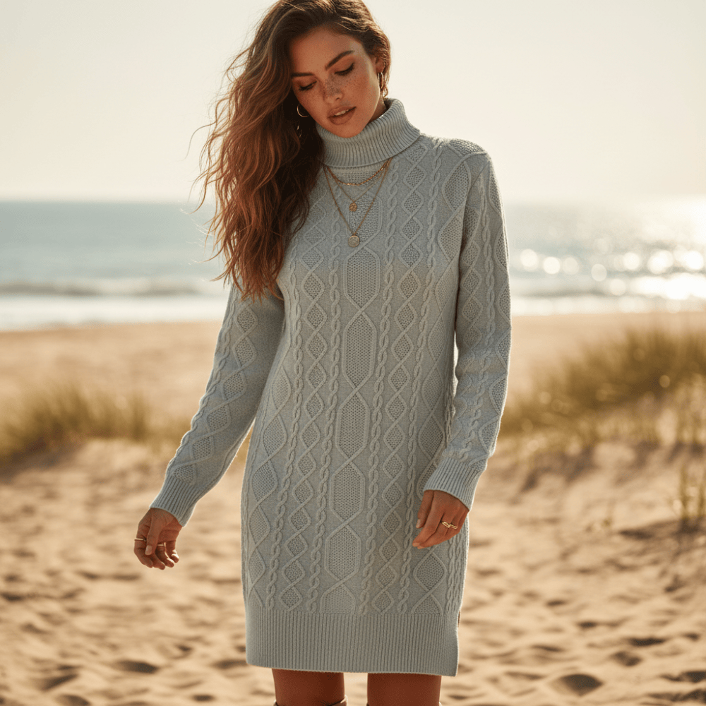 Robe pull femme grise col roulé torsadée