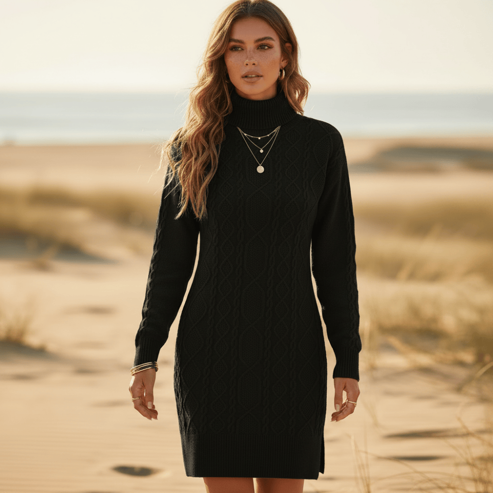 Robe pull femme noire col roulé torsadée