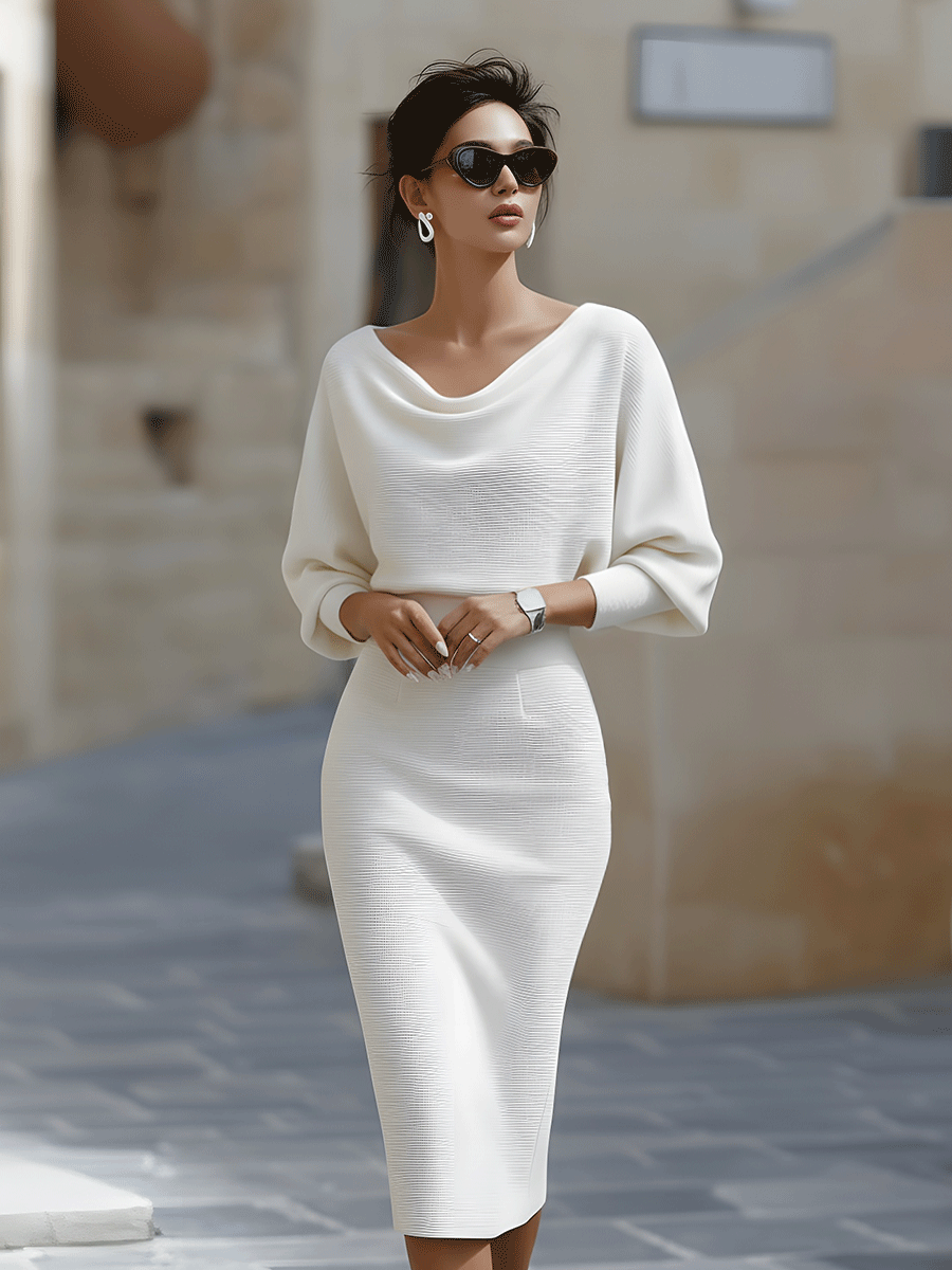 Robe pull femme blanche à col bénitier