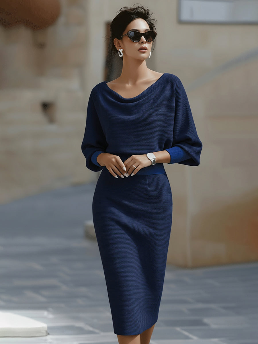 Robe pull femme bleu marine à col bénitier