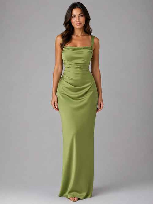 Robe de fête femme vert olive à col carré