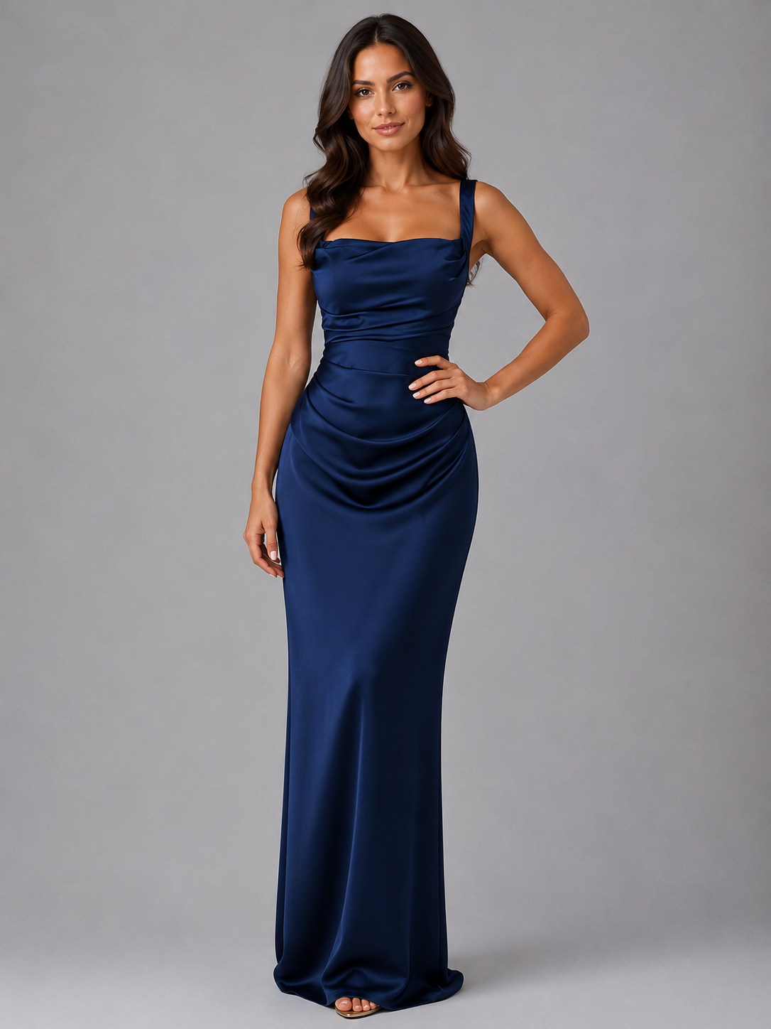 Robe de fête femme bleu marine à col carré