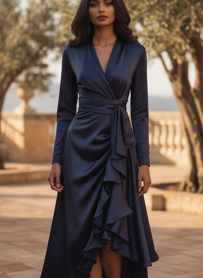 Robe de soirée femme bleu marine à volants col V