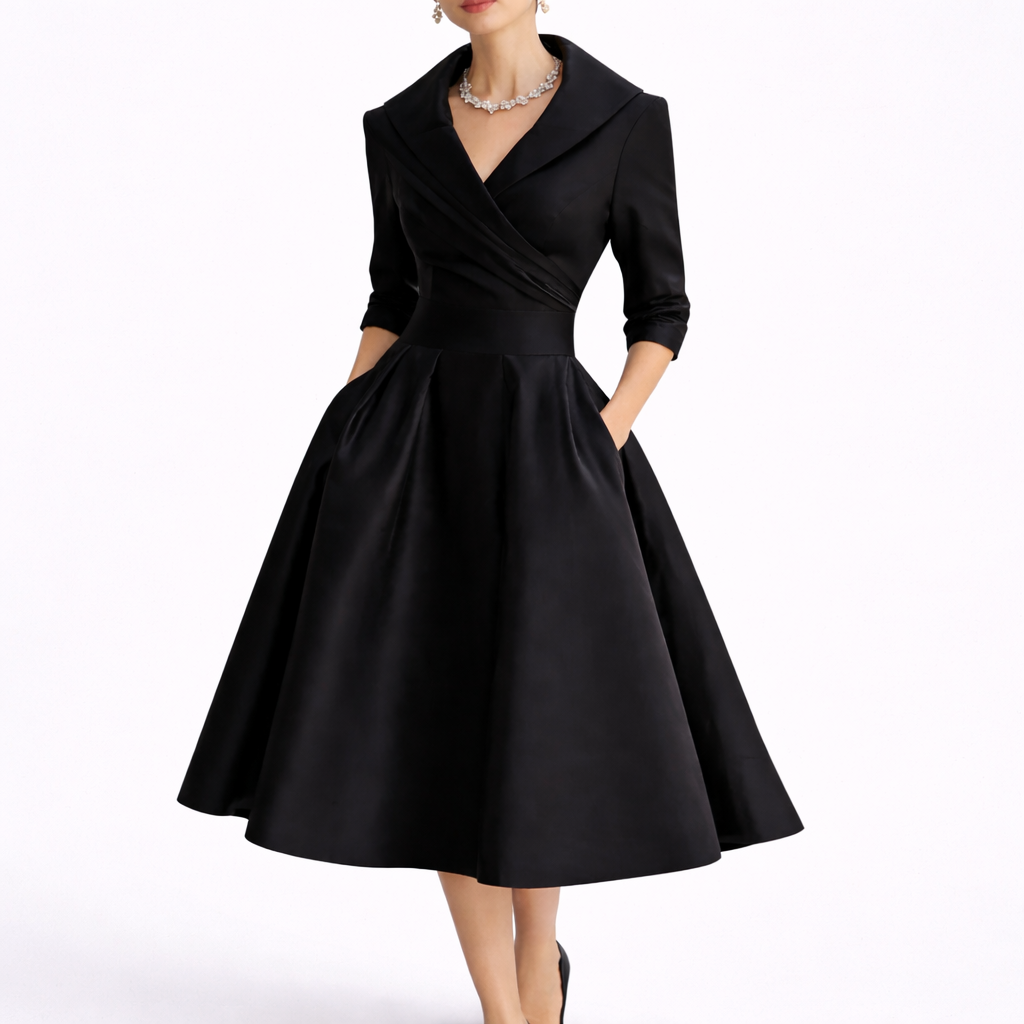 Robe de soirée femme noire évasée à col revers