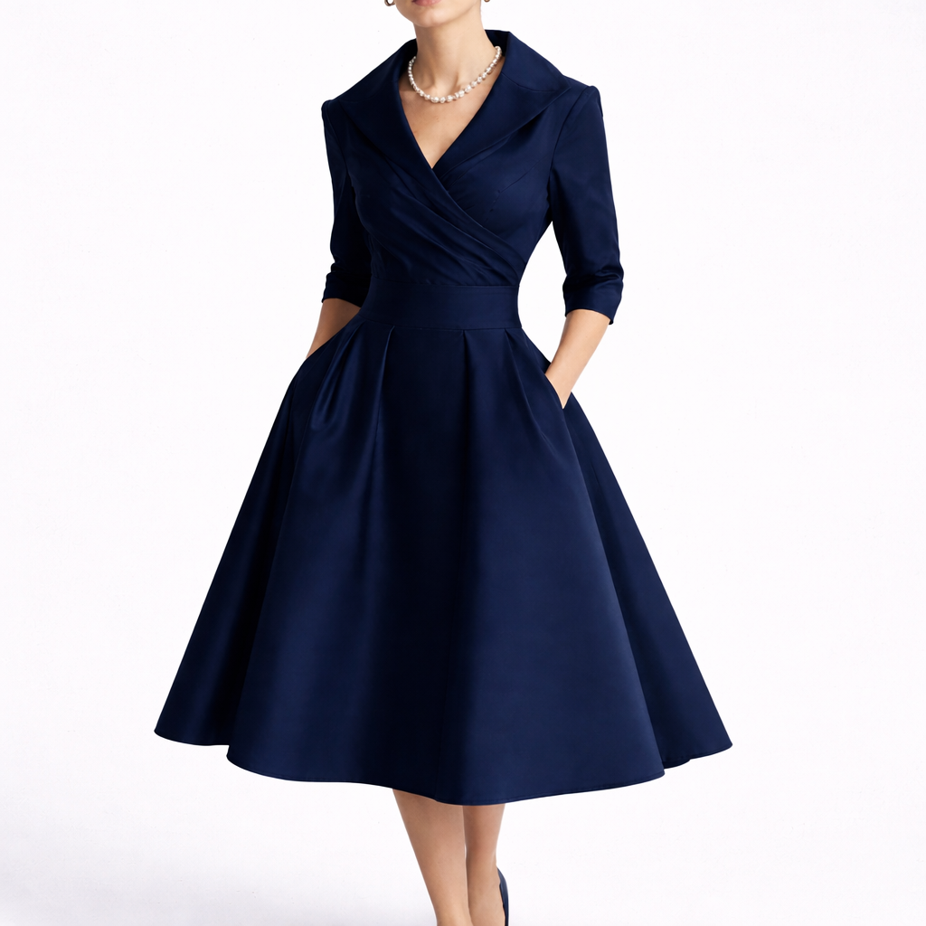 Robe de soirée femme bleu marine évasée à col revers