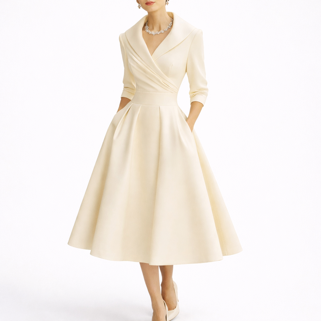 Robe de soirée femme blanc cassé évasée à col revers