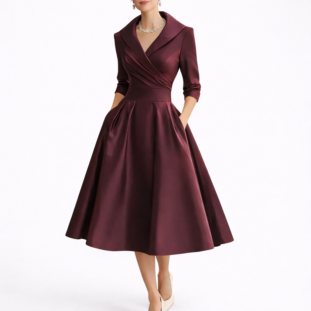 Robe de soirée femme bordeaux évasée à col revers