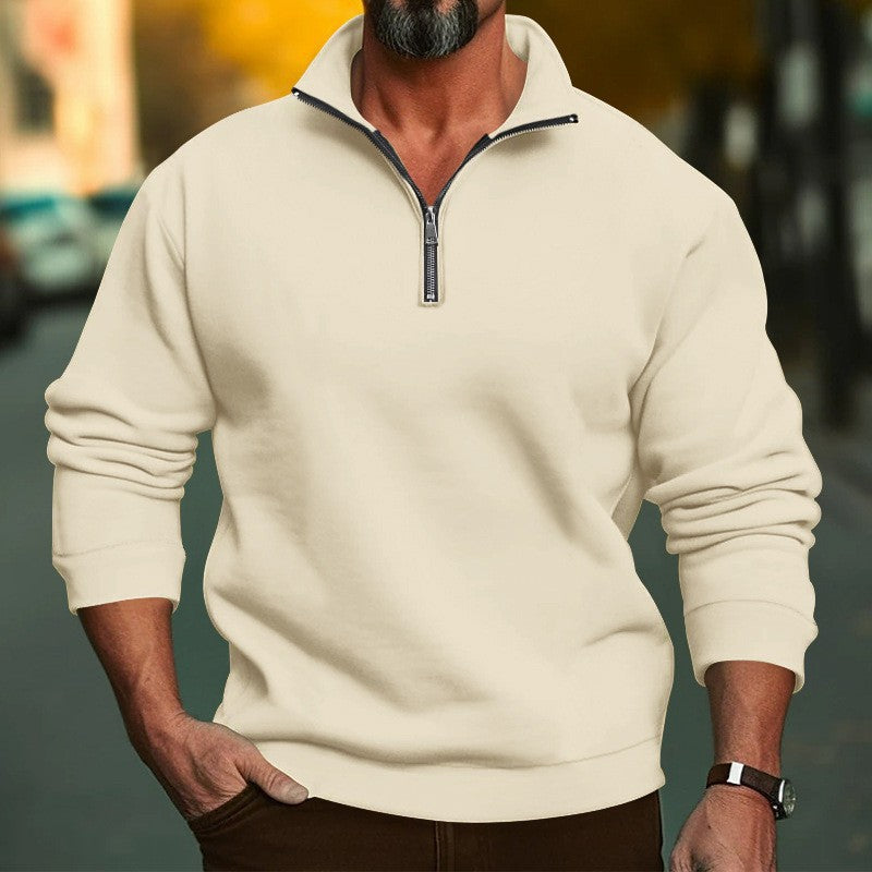 Sweat demi-zip homme crème à col montant