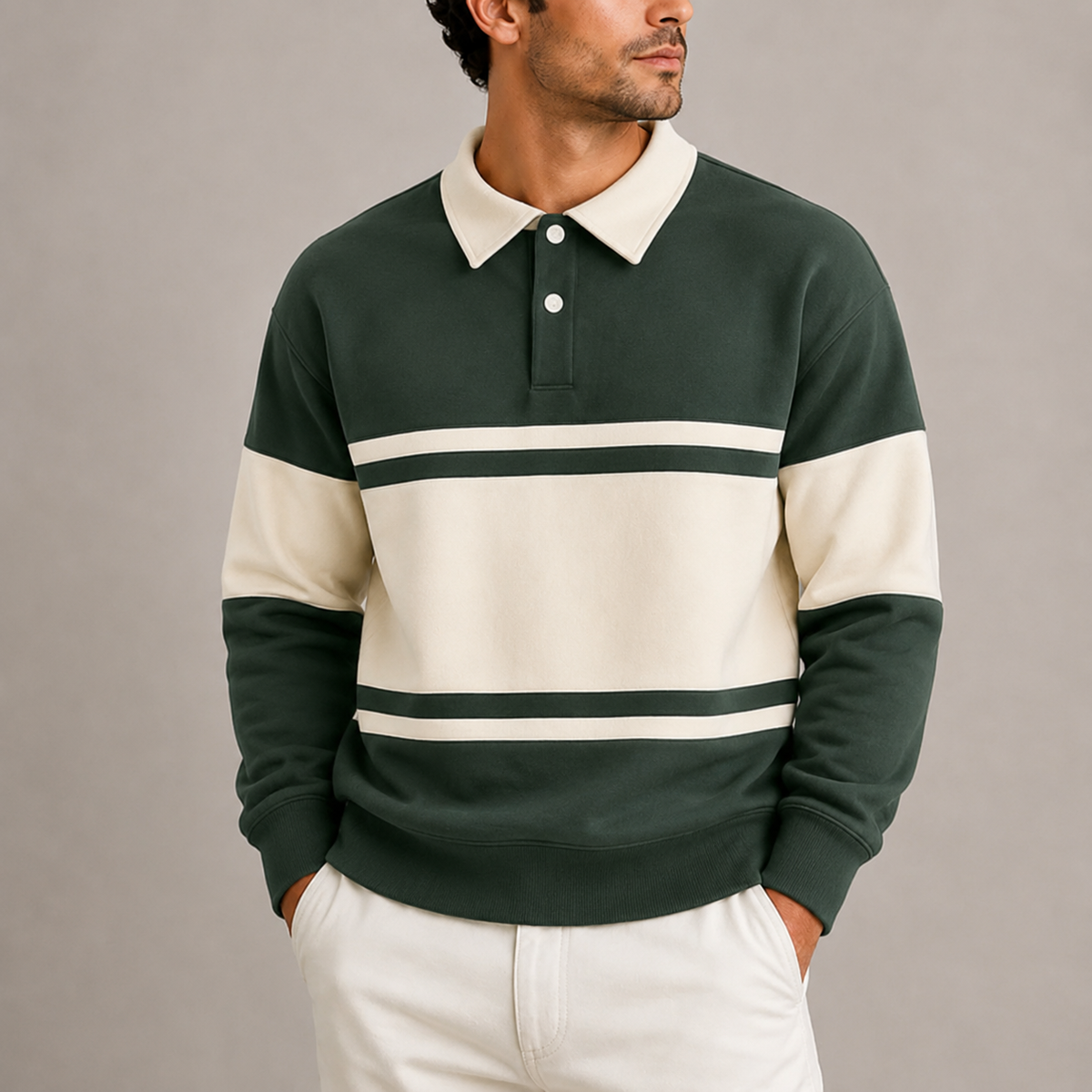 Sweat polo homme vert foncé à bandes contrastées