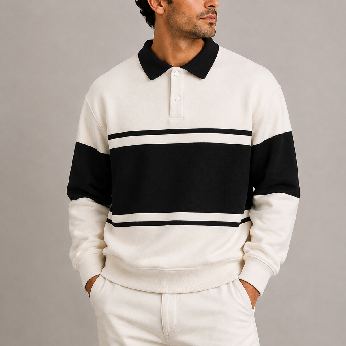 Sweat polo homme écru à bandes contrastées