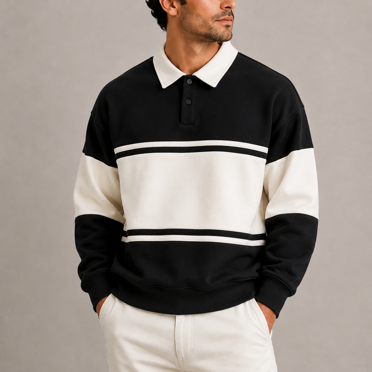 Sweat polo homme noir à bandes contrastées