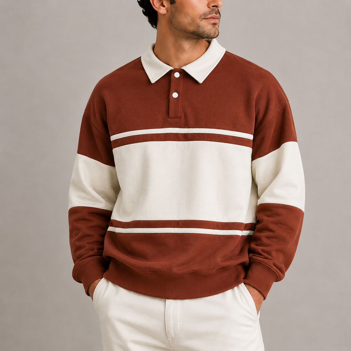 Sweat polo homme marron à bandes contrastées