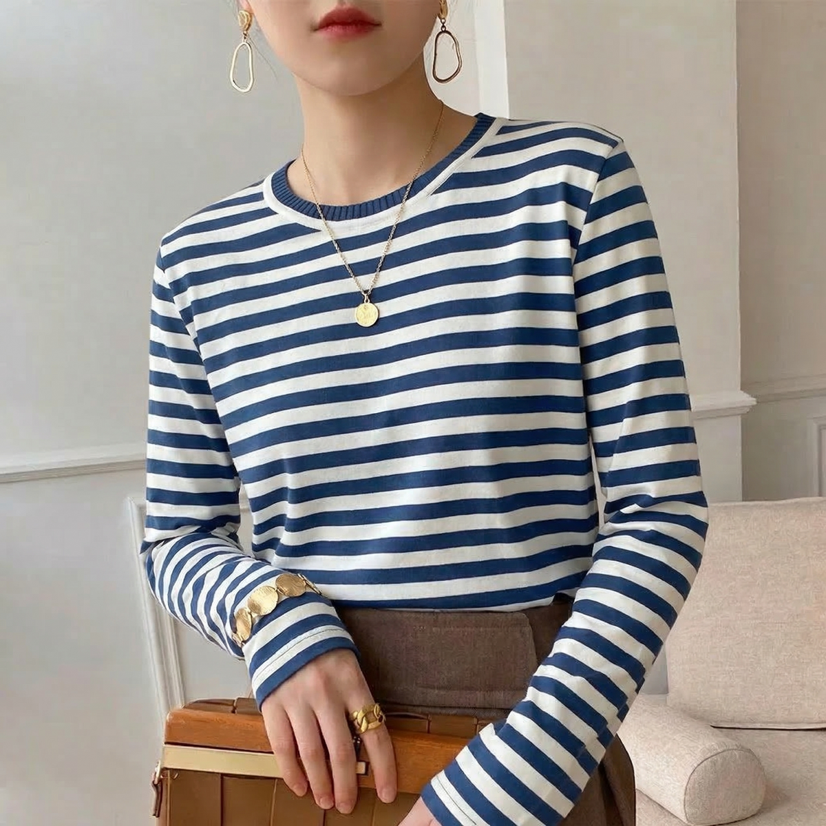 T-shirt rayé femme bleu marine manches longues