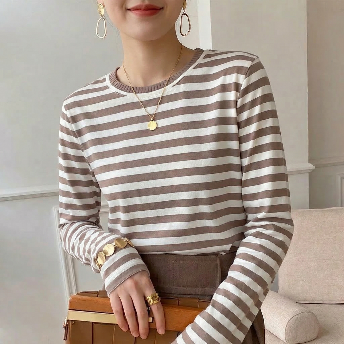 T-shirt rayé femme taupe manches longues