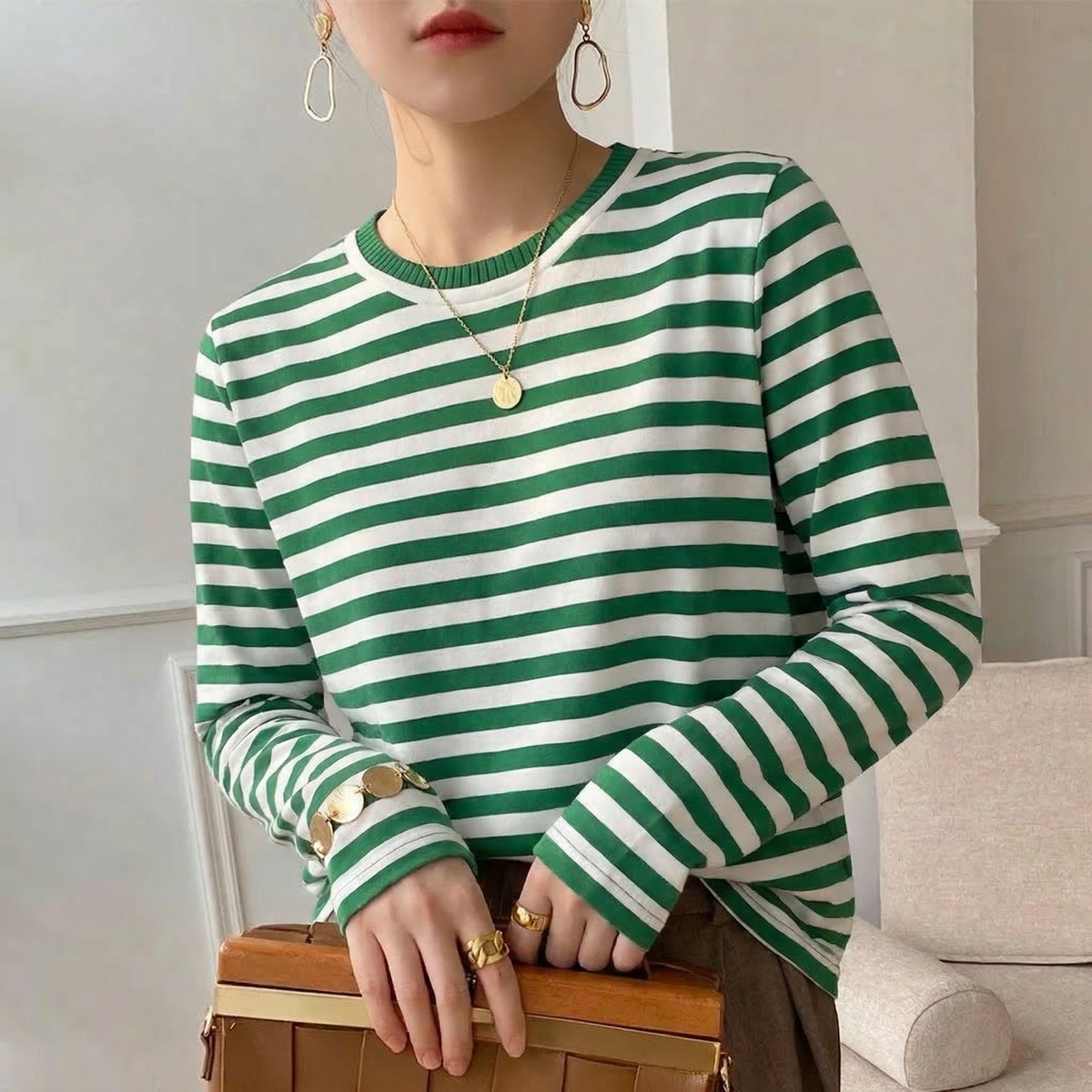 T-shirt rayé femme vert manches longues