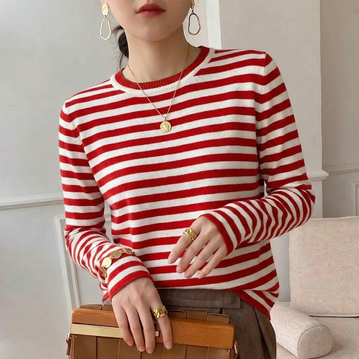 T-shirt rayé femme rouge manches longues