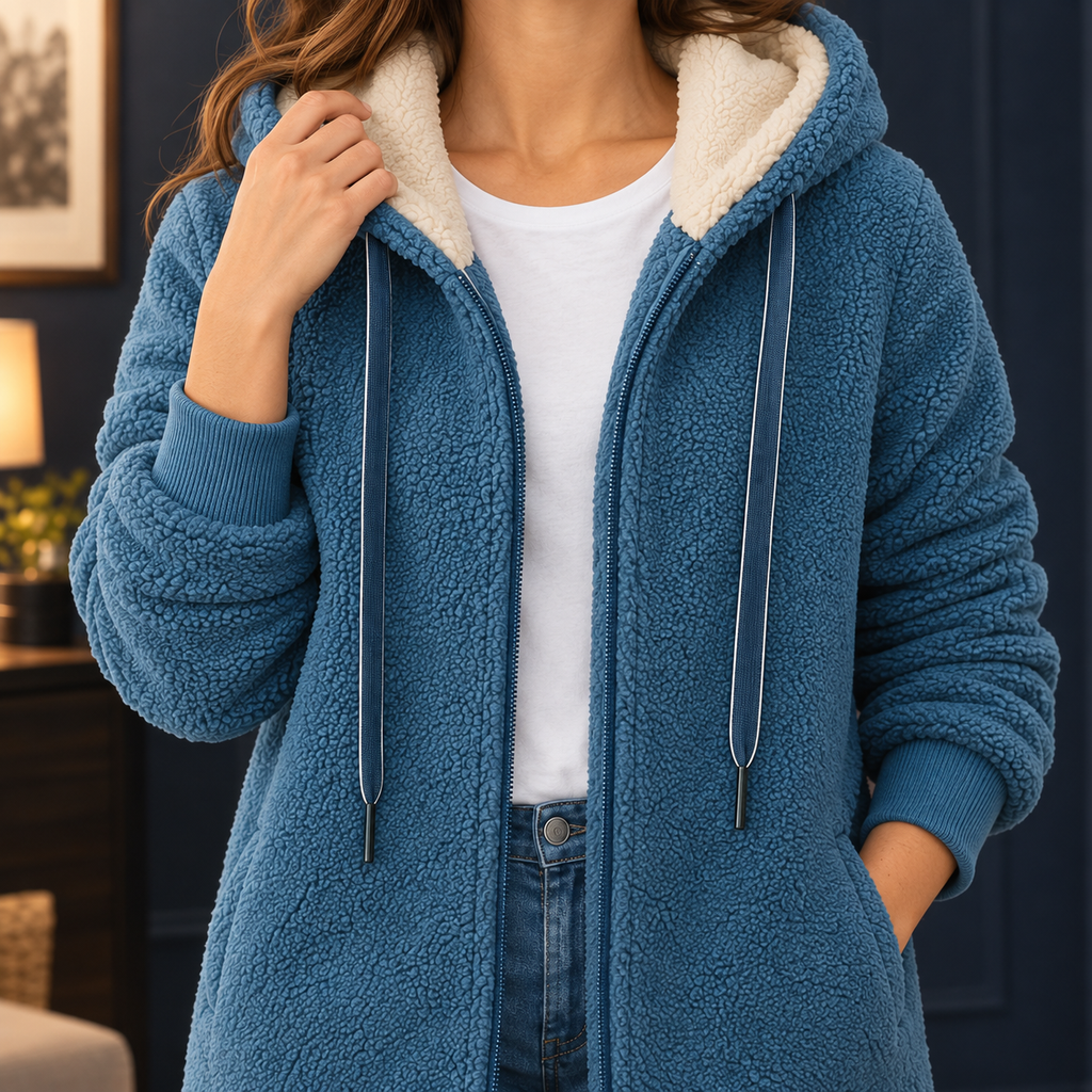Veste femme bleue à capuche zippée mi-longue