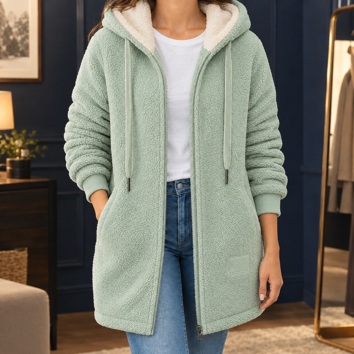 Veste femme vert sauge à capuche zippée mi-longue