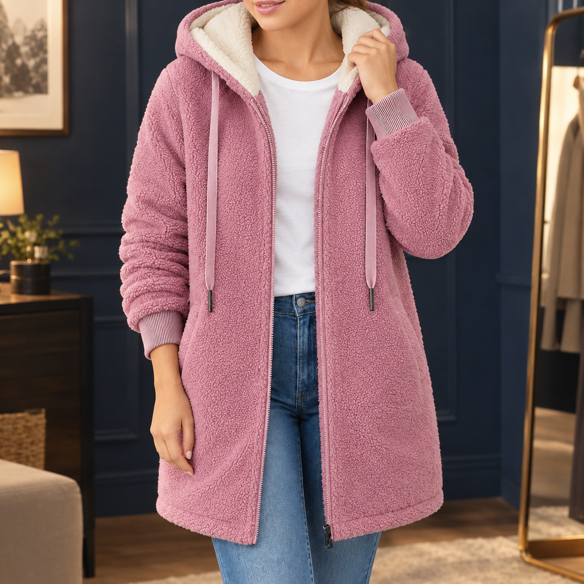 Veste femme rose à capuche zippée mi-longue