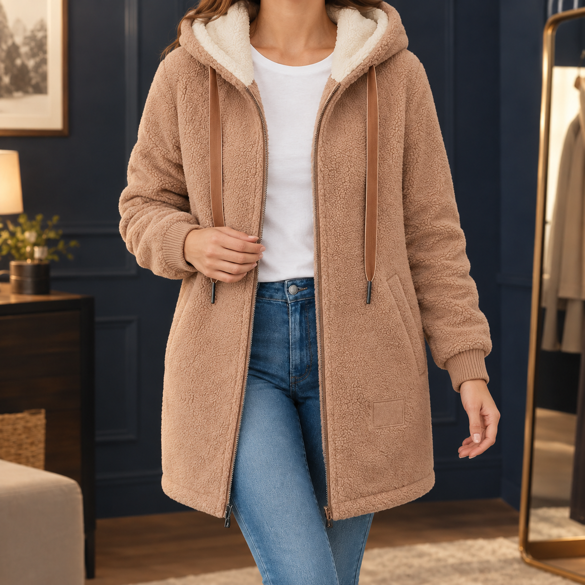 Veste femme camel à capuche zippée mi-longue