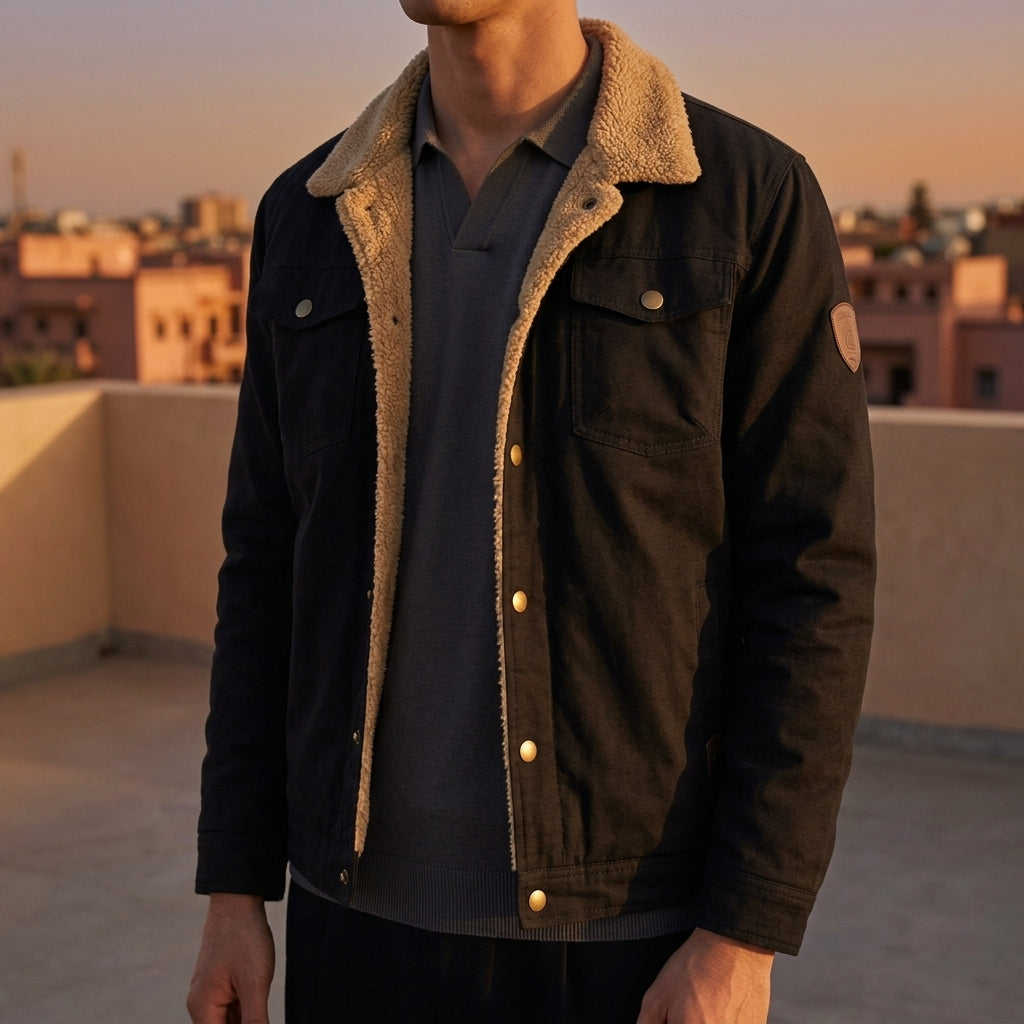 Veste homme noire à col fourré