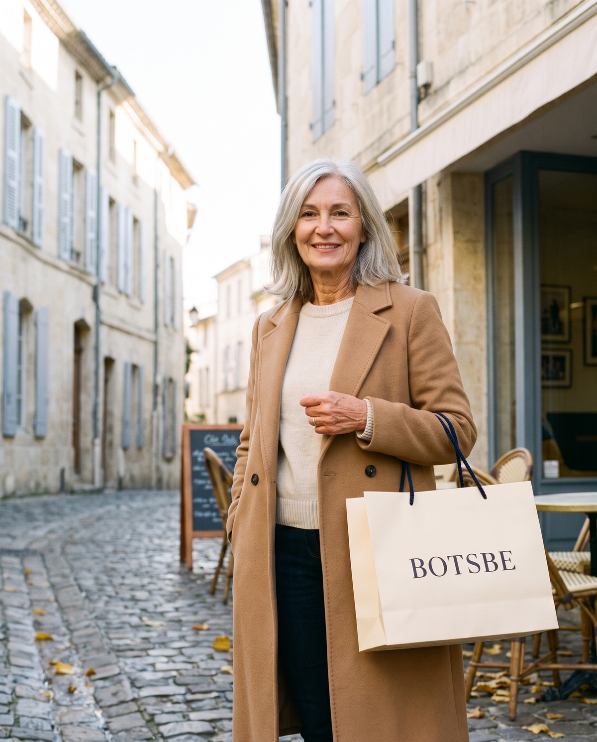 Femme en manteau camel avec un sac Botsbe